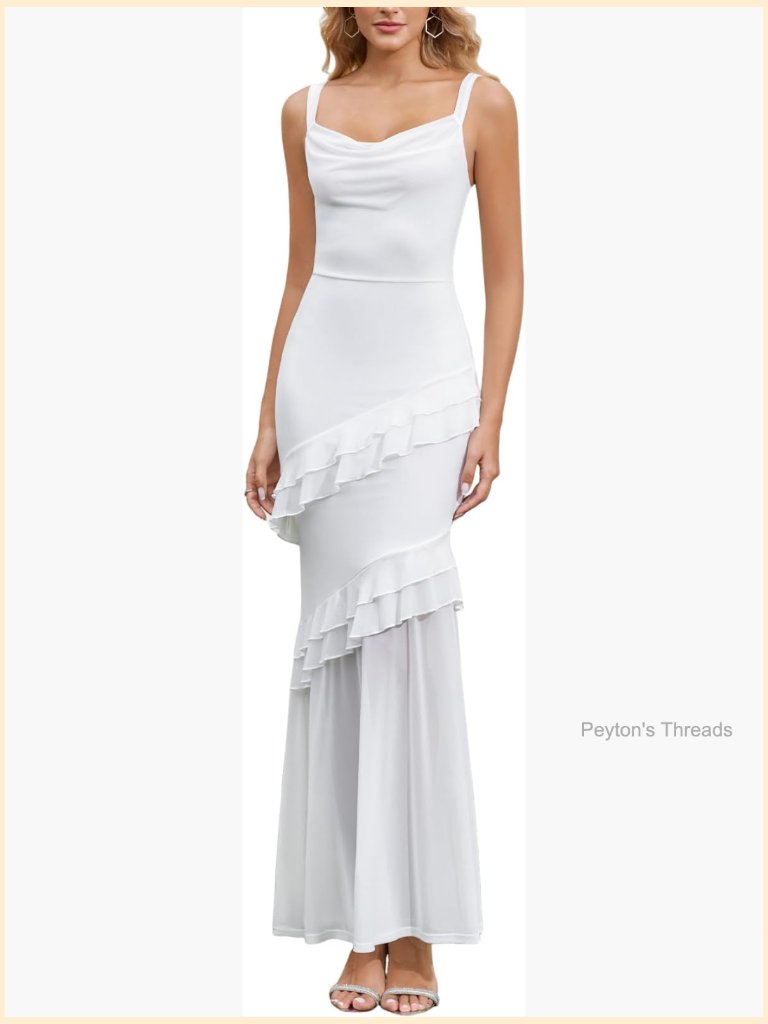 Women Floral Maxi Dress Bodycon Ruffle Sheer Hem Formal Cocktail Party